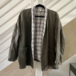 Eileen Fisher Cotton Kimono Green Plaid Large